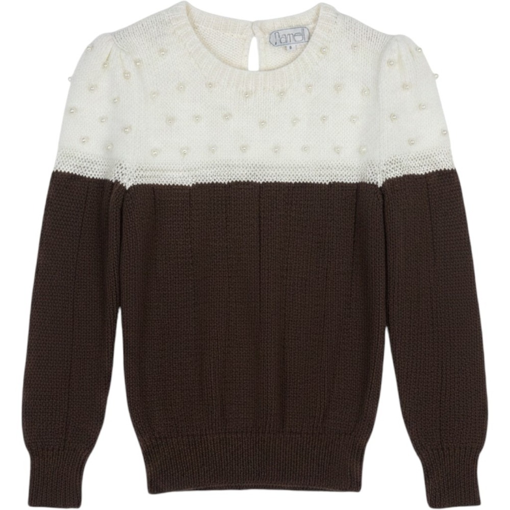 Nannell Vintage Brown Cream Pearl Embellished Color Block Knit Sweater Medium